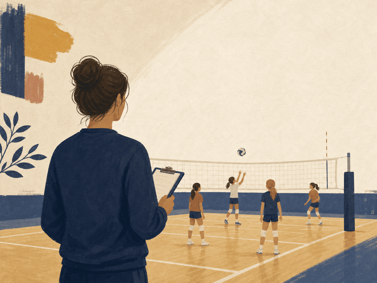 Volunteer coach holding a clipboard while youth athletes practice volleyball